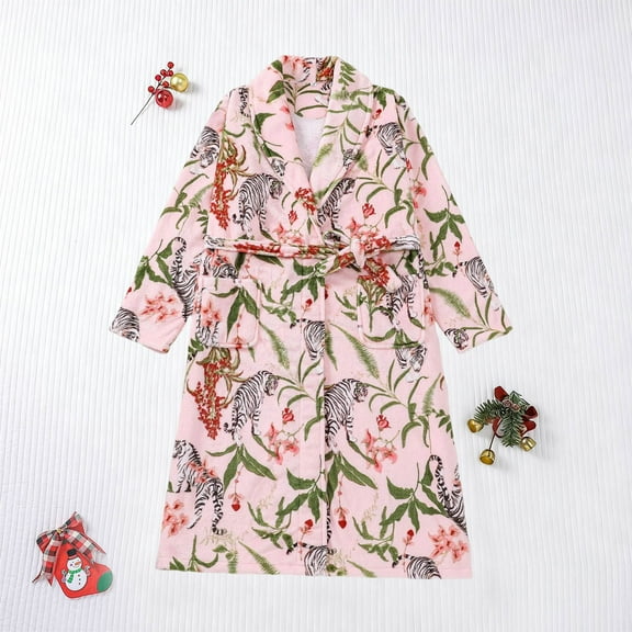 Christmas Bath Robe Womens Fuzzy Fleece Long Sleeve Flannel Long Bath Robe Turndown Collar Loungewear with Pockets Pink A M