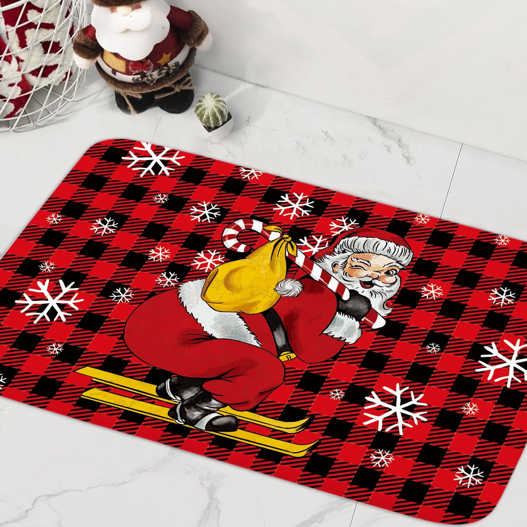 Christmas Bath Rug Mat, Funny Cute Red Buffalo Plaid Santa Claus Non ...
