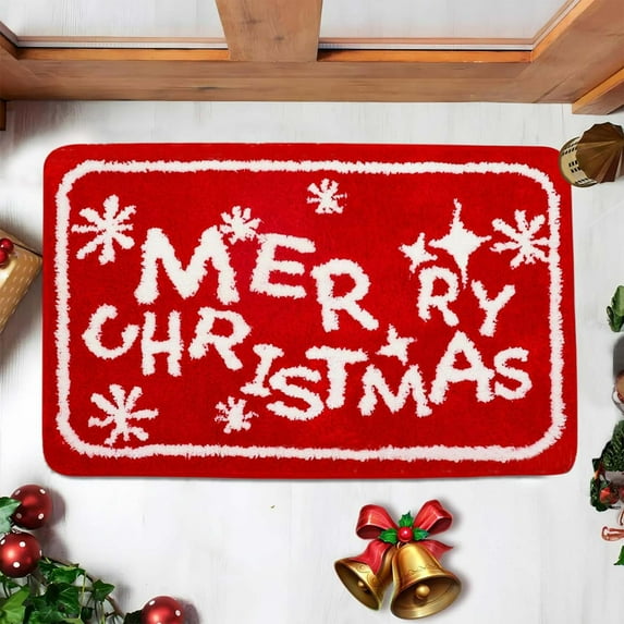 Christmas Bathroom Carpet Red Polyester Non Slip Rubber Back Machine Washable For Bathroom Kitchen Porch Indoor Outdoor Christmas Decoration