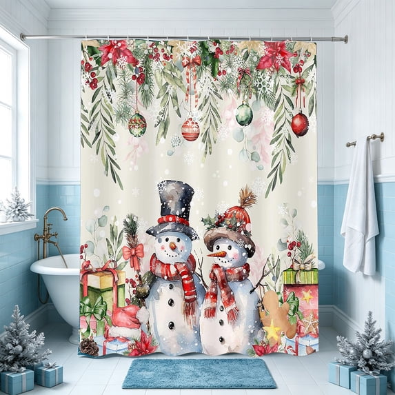 Christmas Bathroom Curtain, Waterproof 70.9 x 59.1 Inch Fabric Shower Curtain with Hooks for Holiday Home Decor and Bath Accessories H