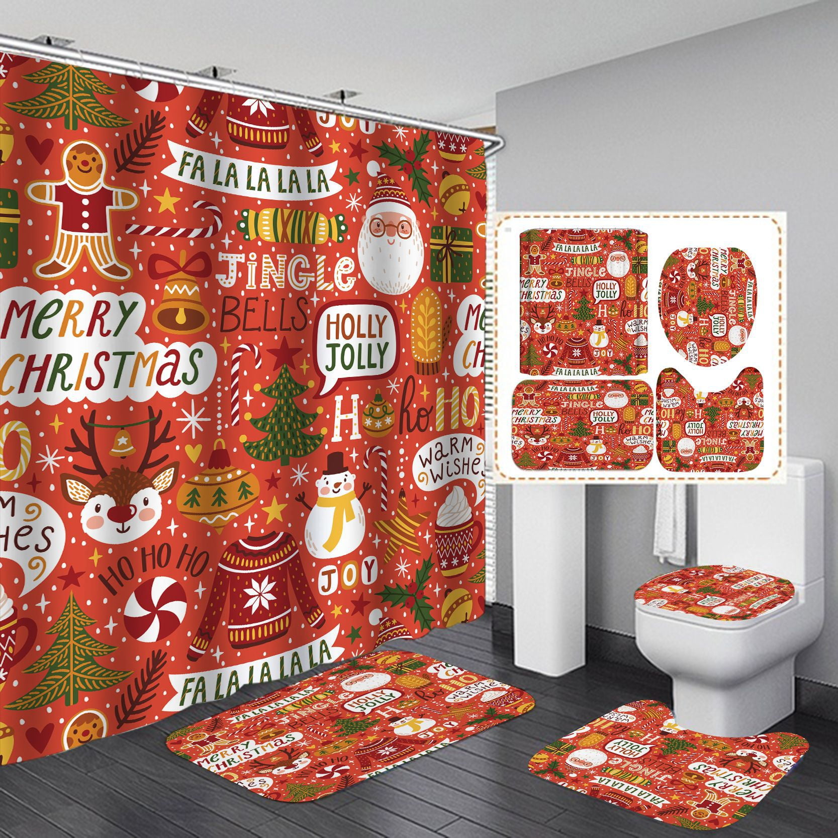 Christmas Bathroom Curtains Shower Set,4Pcs Christmas Bathroom Sets