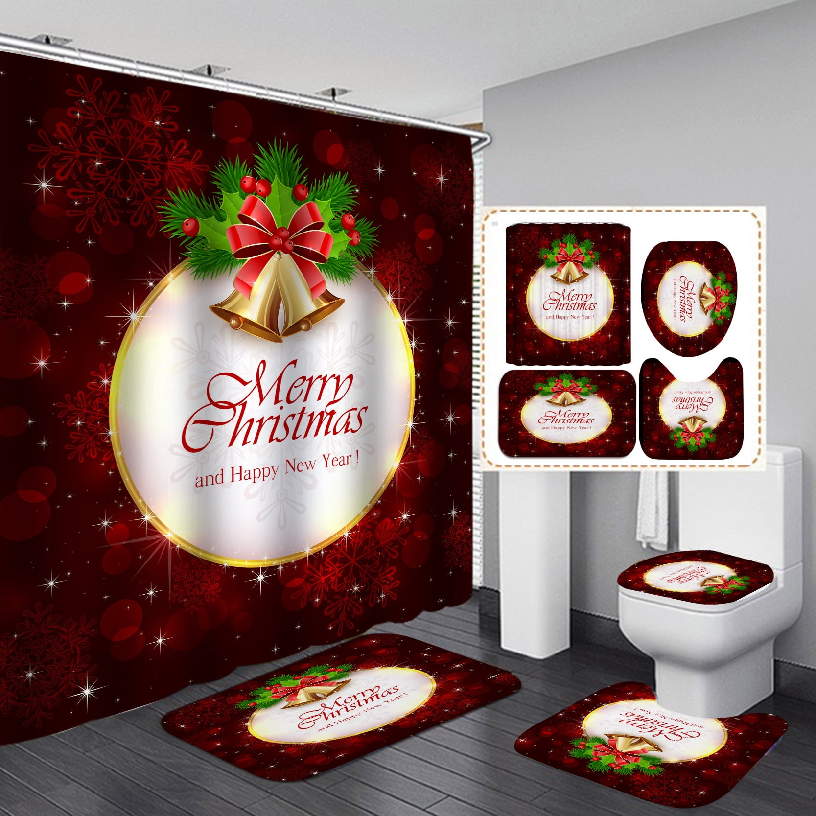 Christmas Bathroom Curtains Shower Set,4Pcs Christmas Bathroom Sets