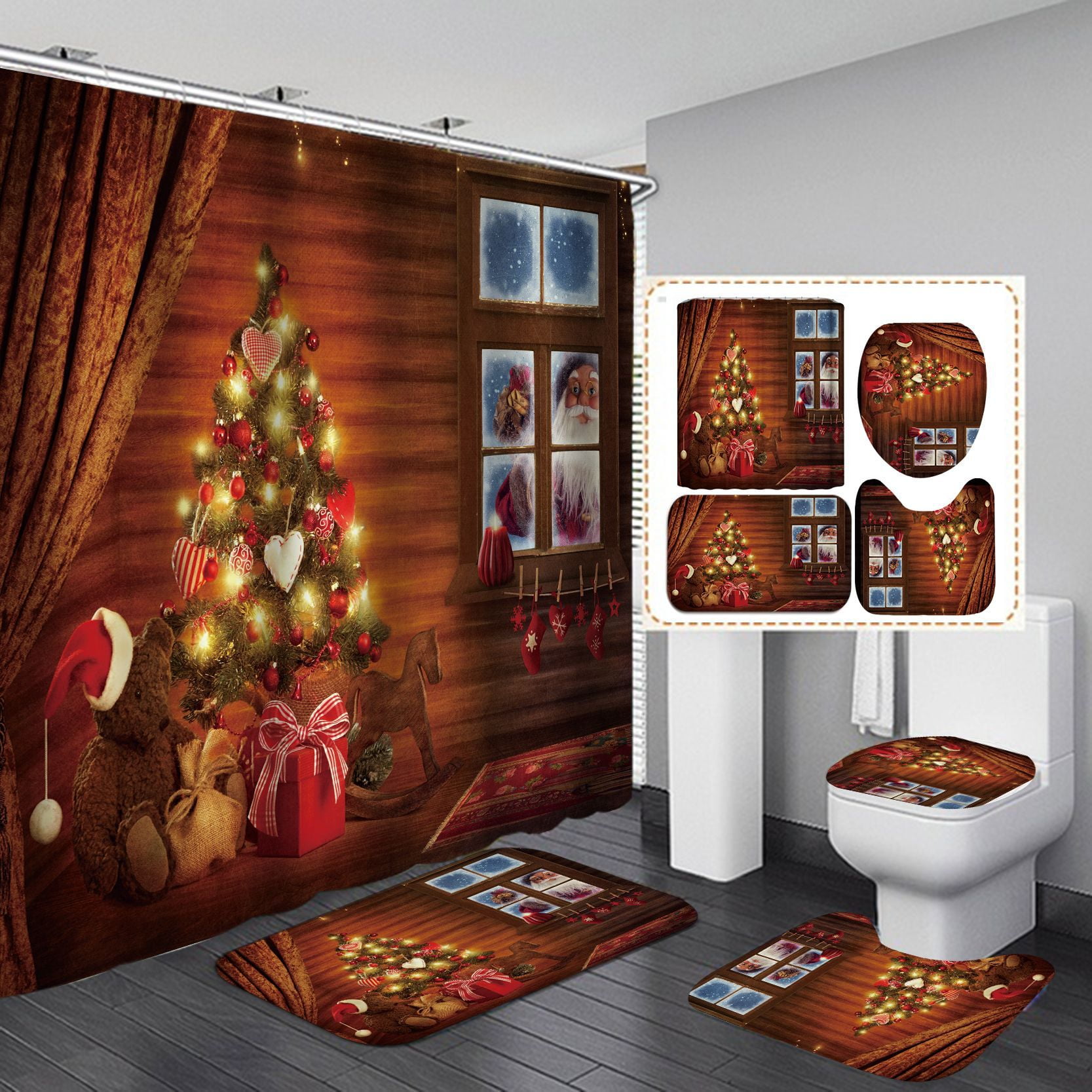 Christmas Bathroom Curtains Shower Set,4Pcs Christmas Bathroom Sets