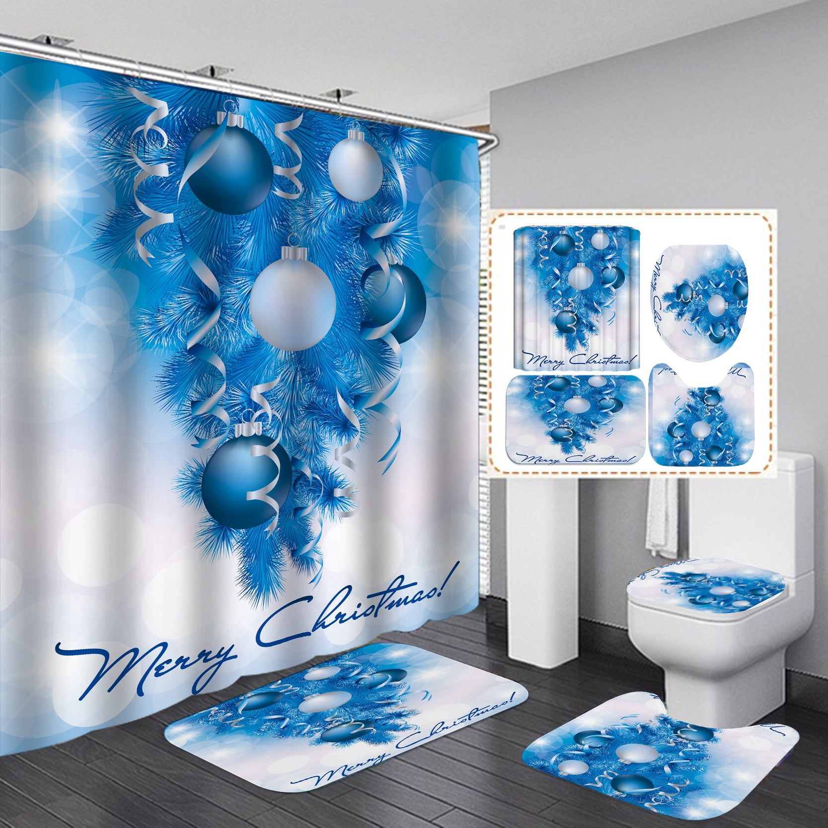 Christmas Bathroom Curtains Shower Set,4Pcs Christmas Bathroom Sets