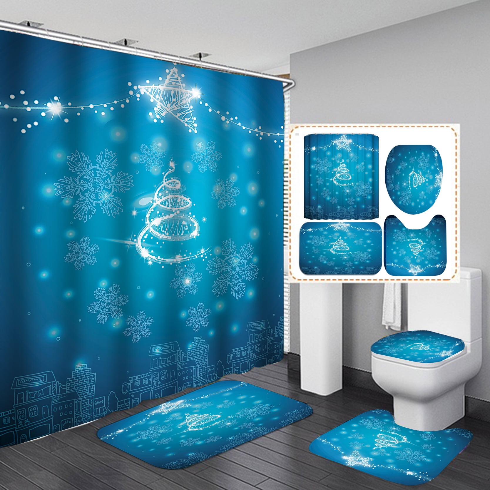 Christmas Bathroom Curtains Shower Set,4Pcs Christmas Bathroom Sets