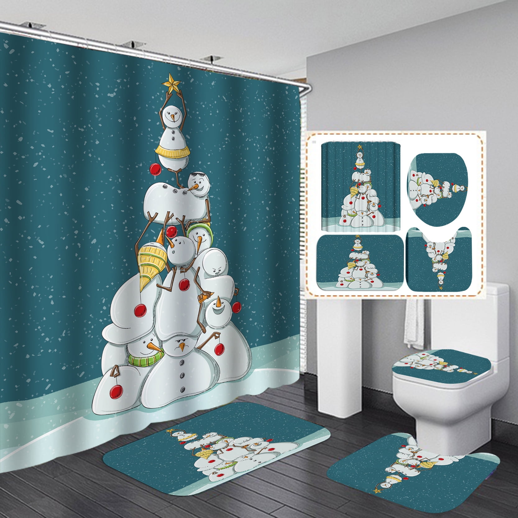 Christmas Bathroom Curtains Shower Set,4Pcs Christmas Bathroom Sets