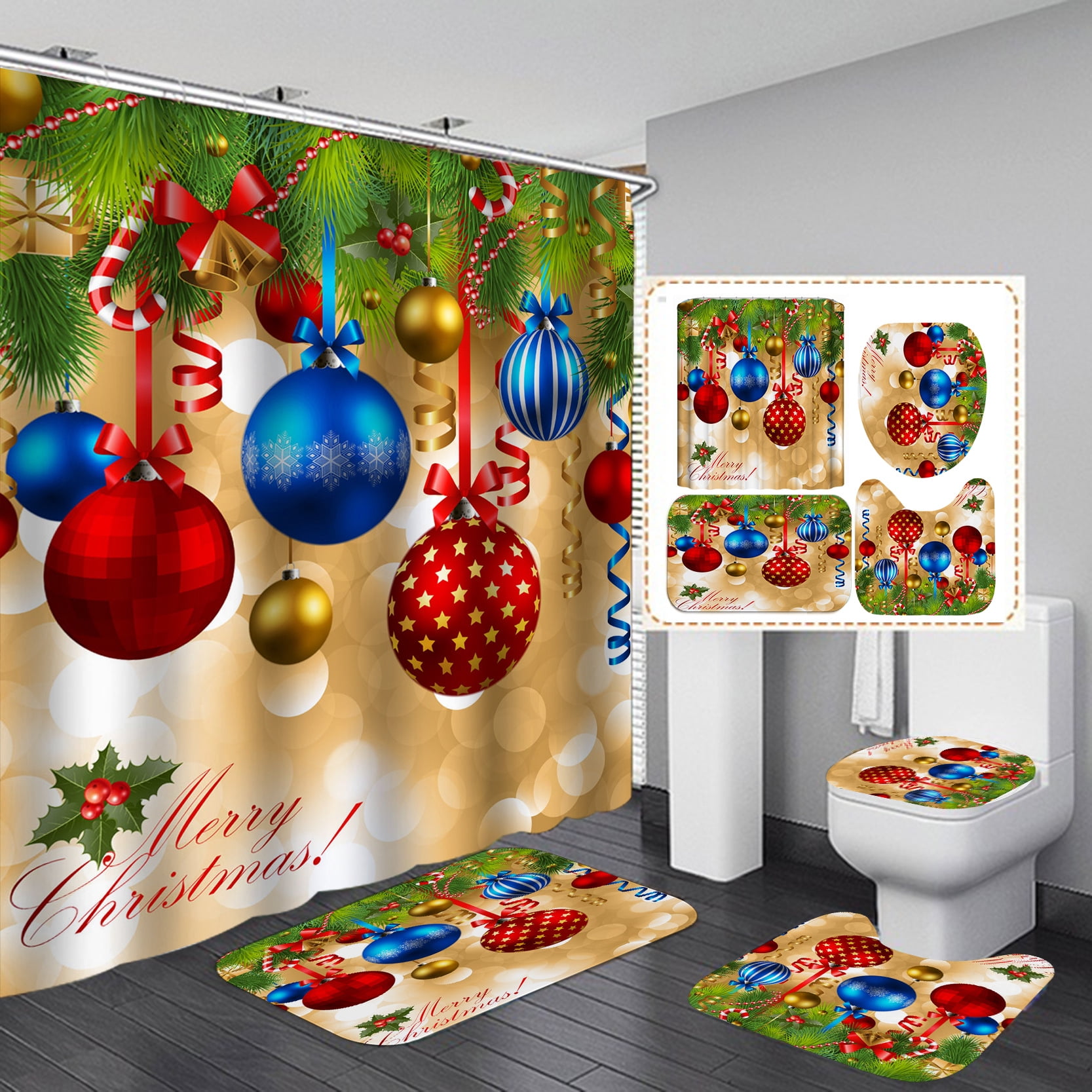 Christmas Bathroom Curtains Shower Set,4Pcs Christmas Bathroom Sets