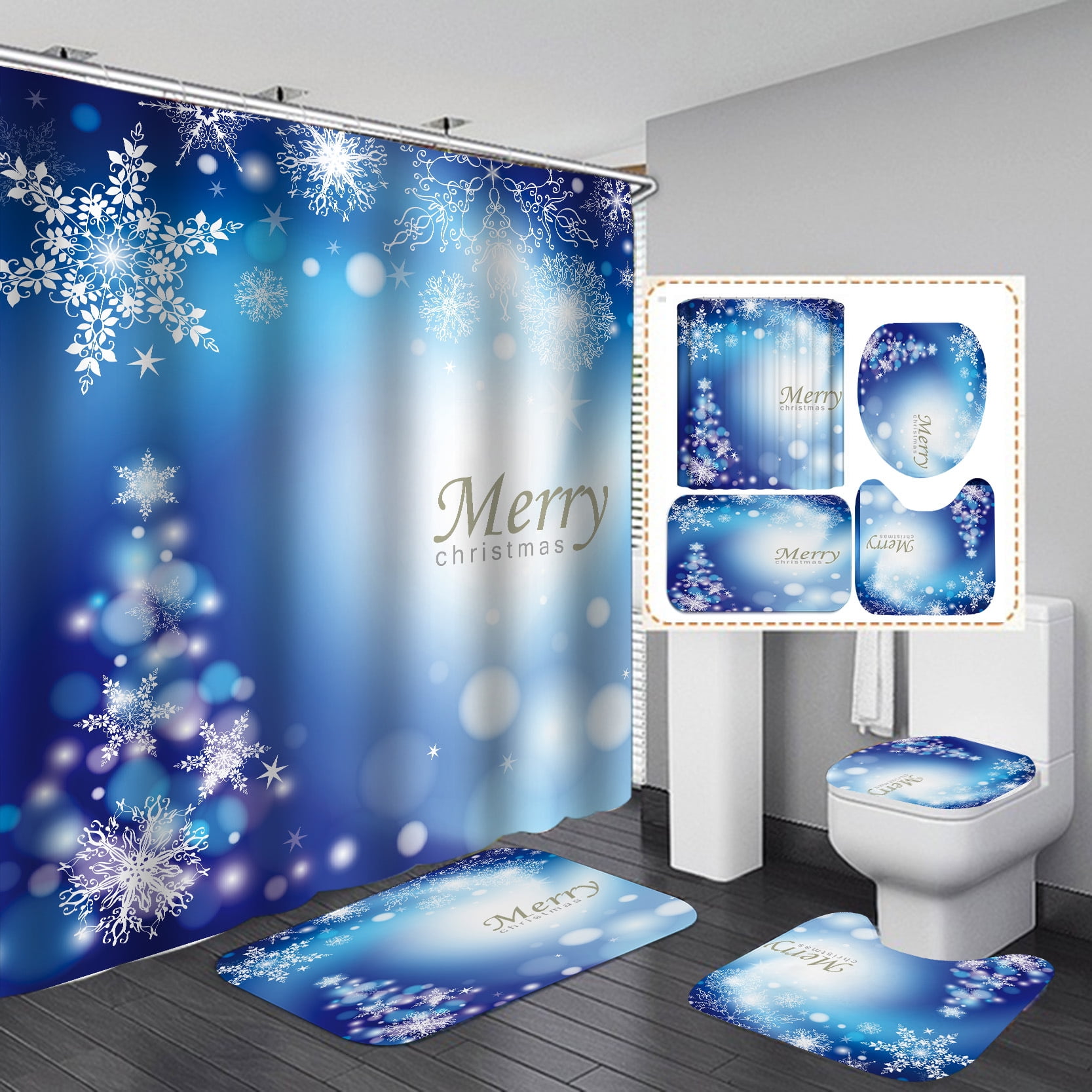 Christmas Bathroom Curtains Shower Set,4Pcs Christmas Bathroom Sets