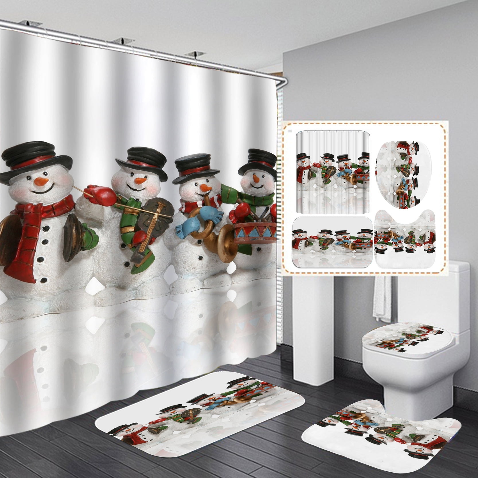 Christmas Bathroom Curtains Shower Set,4Pcs Christmas Bathroom Sets