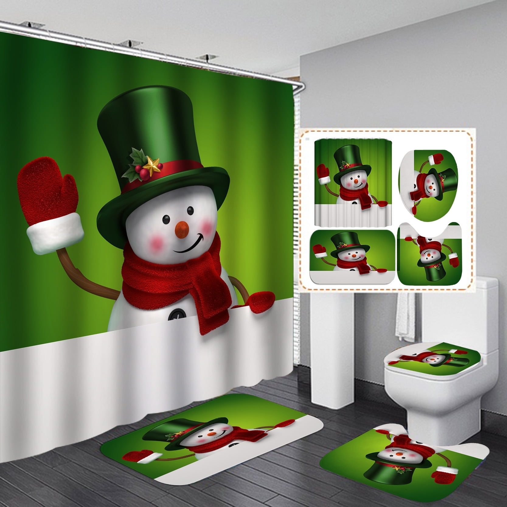 Christmas Bathroom Curtains Shower Set,4Pcs Christmas Bathroom Sets