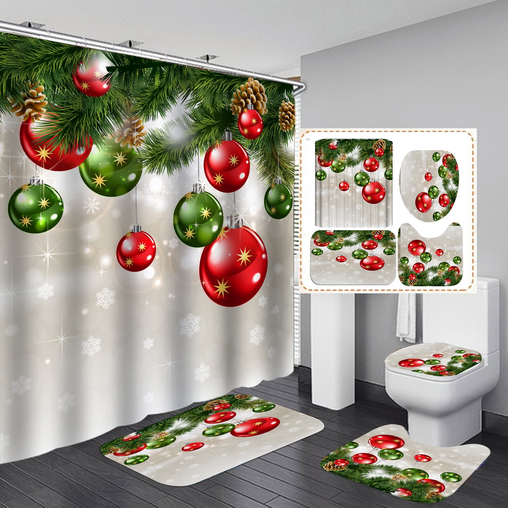Christmas Bathroom Curtains Shower Set, 4Pcs Christmas Bathroom Sets
