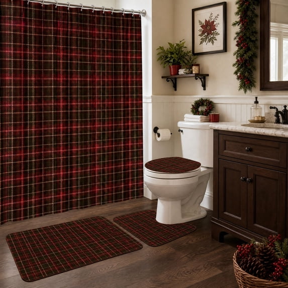 Christmas Bathroom Decor Set with Waterproof Polyester Shower Curtain, Bath Mat, U-Shaped Toilet Rug, and Seat Cover in Red Plaid
