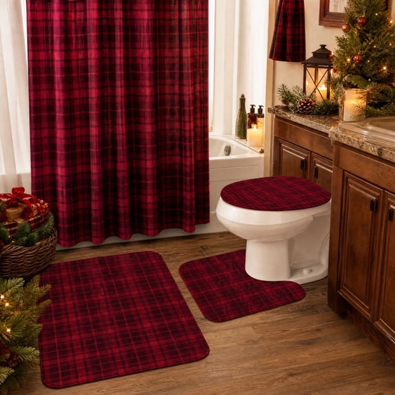 Christmas Bathroom Decor Set with Waterproof Polyester Shower Curtain, Bath Mat, U-Shaped Toilet Rug, and Seat Cover in Red Plaid