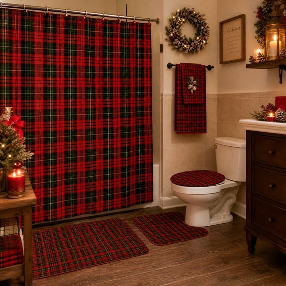 Christmas Bathroom Decor Set with Waterproof Polyester Shower Curtain, Bath Mat, U-Shaped Toilet Rug, and Seat Cover in Red Plaid