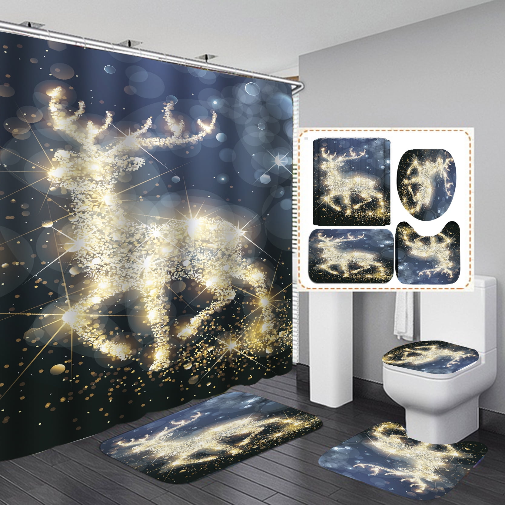 Christmas Bathroom Decorations Sets, 4 PCS Cute Snowman Shower Curtain