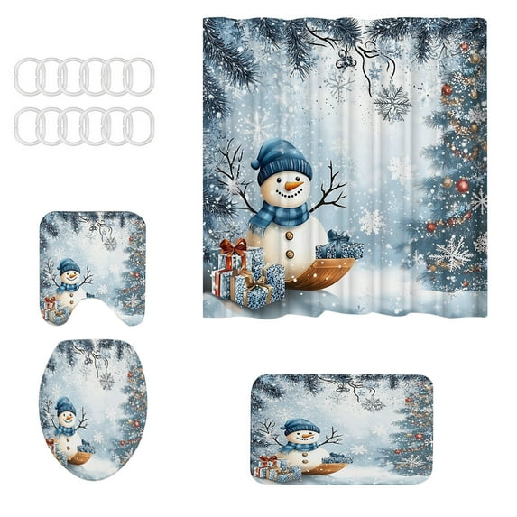 Christmas Bathroom Four Piece Set, Shower Curtain Floor Mat Toilet Mat Suite, Holiday Theme Bathroom Decoration, Waterproof Material, Unified Design Style, Romantic Warm Bathroom Atmosphere Creation