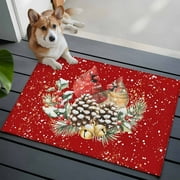 Christmas Bathroom Mat 2x3 FT, Non Slip Small Kitchen Mat, Red Cardinal Pine Cone Branches Snowflake Washable Soft Backed Front Door Throw Rug Non-Shedding Indoor Outdoor Doormat for Entryway Sink