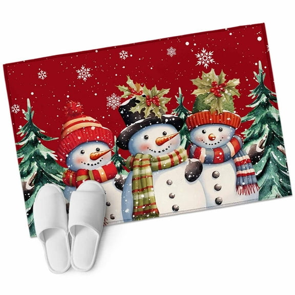 Christmas Bathroom Mat 2x3 FT, Non Slip Small Kitchen Mat, Xmas Berry Winter Snowflake Snowman Red Washable Soft Backed Front Door Throw Rug Non-Shedding Indoor Outdoor Doormat for Entryway Sink