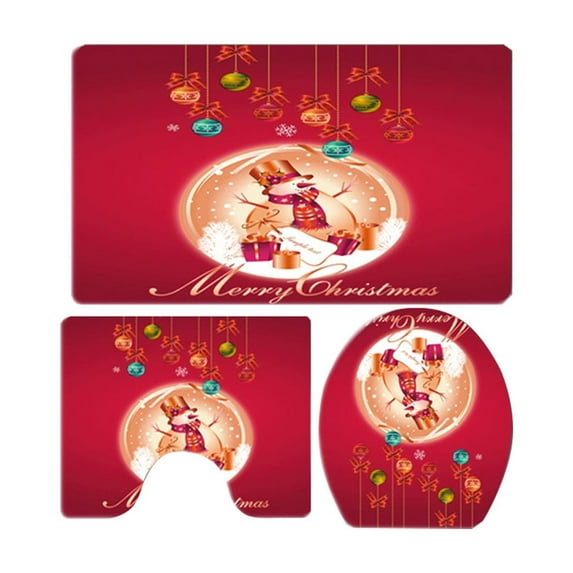 Christmas Bathroom Mat Set, Non Slip Bath Mats, 3 Piece Holiday Shower Toilet Rug Cover Set, Soft Absorbent Polyester Flooring Accessories for Home Decor, Blue Red White, 75x45cm 45x40cm 43x38cm