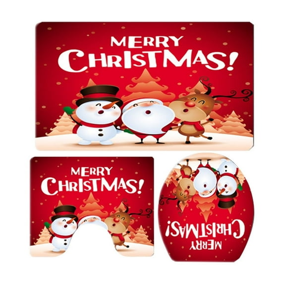 Christmas Bathroom Mat Set, Non Slip Bath Mats, 3 Piece Holiday Shower Toilet Rug Cover Set, Soft Absorbent Polyester Flooring Accessories for Home Decor, Blue Red White, 75x45cm 45x40cm 43x38cm