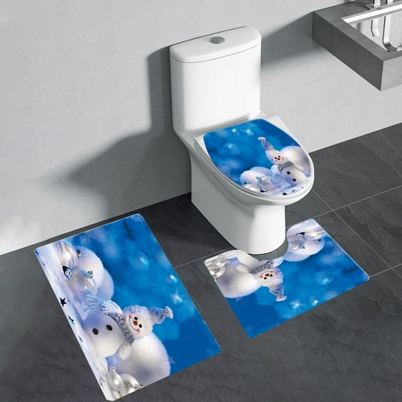 Christmas Bathroom Mat Set, Non Slip Bath Mats and Rugs, Christmas Bathroom Rugs Set for Shower toilet and Bathtub, Soft Absorbent Floor Mat, 3 Piece Set, Blue Green Red White