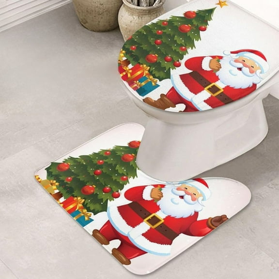 Christmas Bathroom Mat Set Toilet Floor Mat Non-Slip Water Absorbent Soft Rug Holiday Decoration Two-Piece Polyester Bath Mat