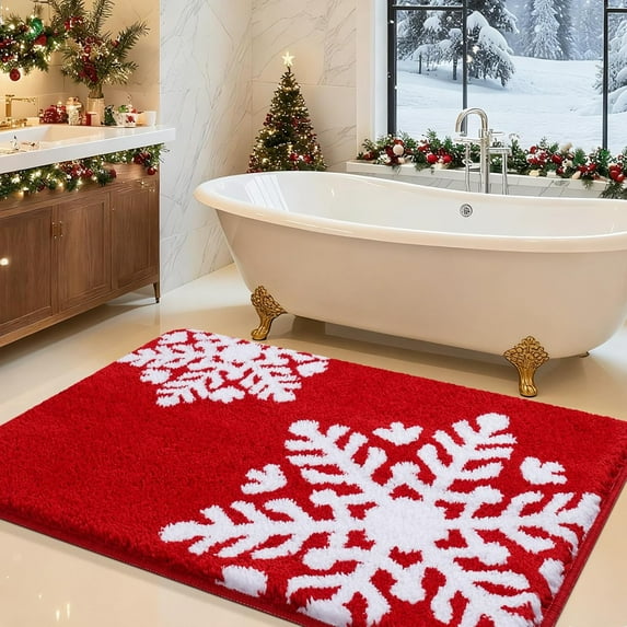 Christmas Bathroom Rug 36"x24", Extra Soft Absorbent Microfiber Thick Plush Fluffy Bathroom Rugs, Non-Slip Backing, Machine Washable Bath Rugs, Holiday Xmas Decor Indoor Bath Mats,Red-snow