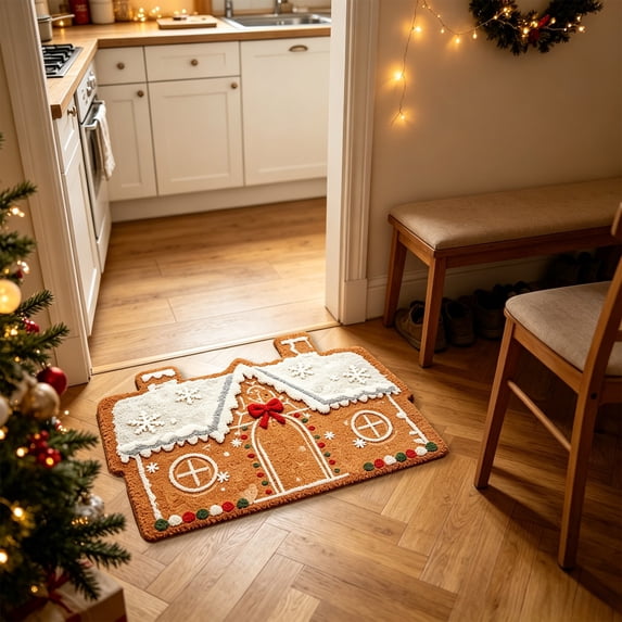 Christmas Bathroom Rug, Gingerbread House Bath Mat Absorbent Non Slip Shower Rug Front Door Mat for Winter Xmas Home Room Entrance,23.62"x15.75"(D)