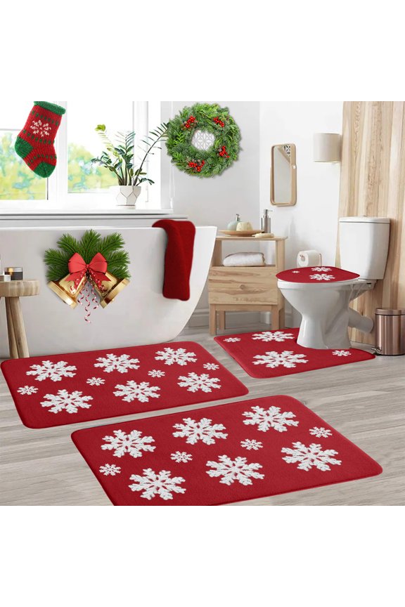 Christmas Bathroom Rug Set, Holiday Decor, Washable Non Slip Absorbent Christmas Snowflake Rugs 4 PC Set, Festive Carpet Set for Bathroom, Red Green Gray