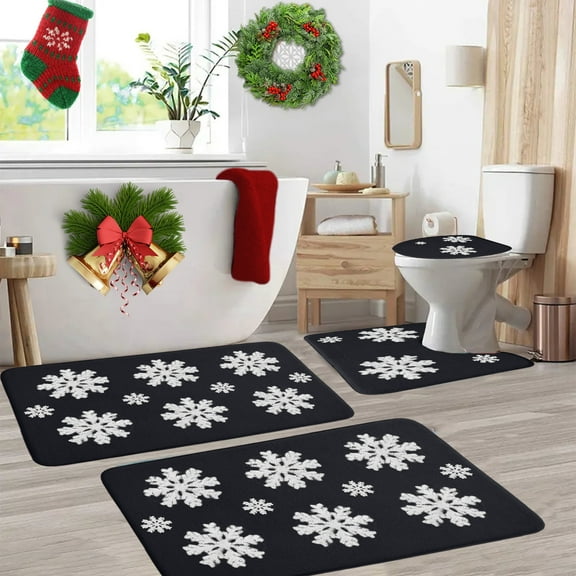 Christmas Bathroom Rug Set, Holiday Decor, Washable Non Slip Absorbent Christmas Snowflake Rugs 4 PC Set, Festive Carpet Set for Bathroom, Red Green Gray