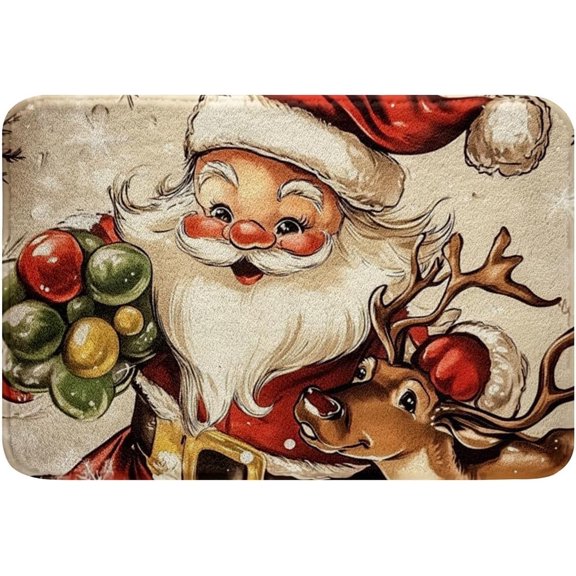 Christmas Bathroom Rug Vintage Santa and Elk Bath Mat Rustic Country Winter Holiday Themed Floor Mat 16" x 24"