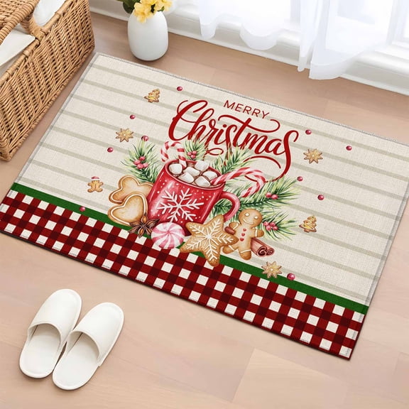 Christmas Bathroom Rug Washable 2x3 Entryway Rug Non Slip Xmas Hot Cocoa Red Black Plaid Gingerbread Holiday Front Door Mat Low Pile Indoor Doormat Throw Floor Carpet for Kitchen Bedroom Entrance
