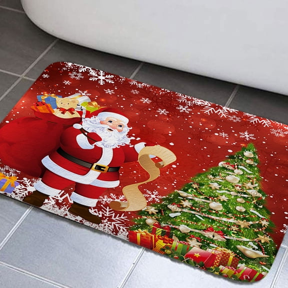 Christmas Bathroom Rugs, Festive Cute Cartoon Santa Claus with Many Gifts Merry Christmas Bathroom Rugss, Christmas Fir Tree Snowflake Xmas Bath Carpet, Bath Mats for Bathroom Floor(17"X29")