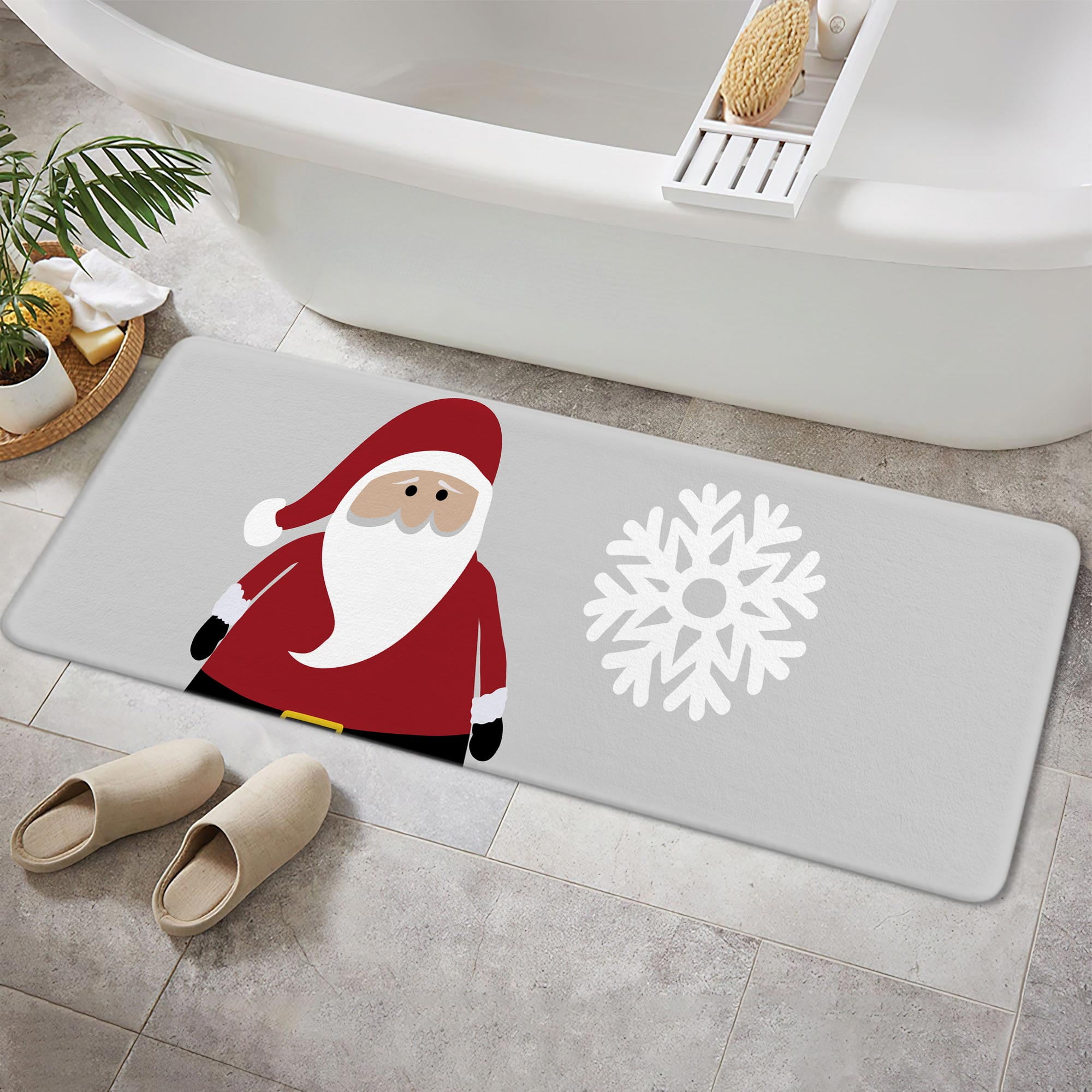 Christmas Bathroom Rugs Mat, Xmas Santa Claus Bath Mat with Non-Slip Backing, Winter New Year Holiday Floor Mat Decor for Indoor Outdoor Living Room Bathtub 17X48IN Light Gray