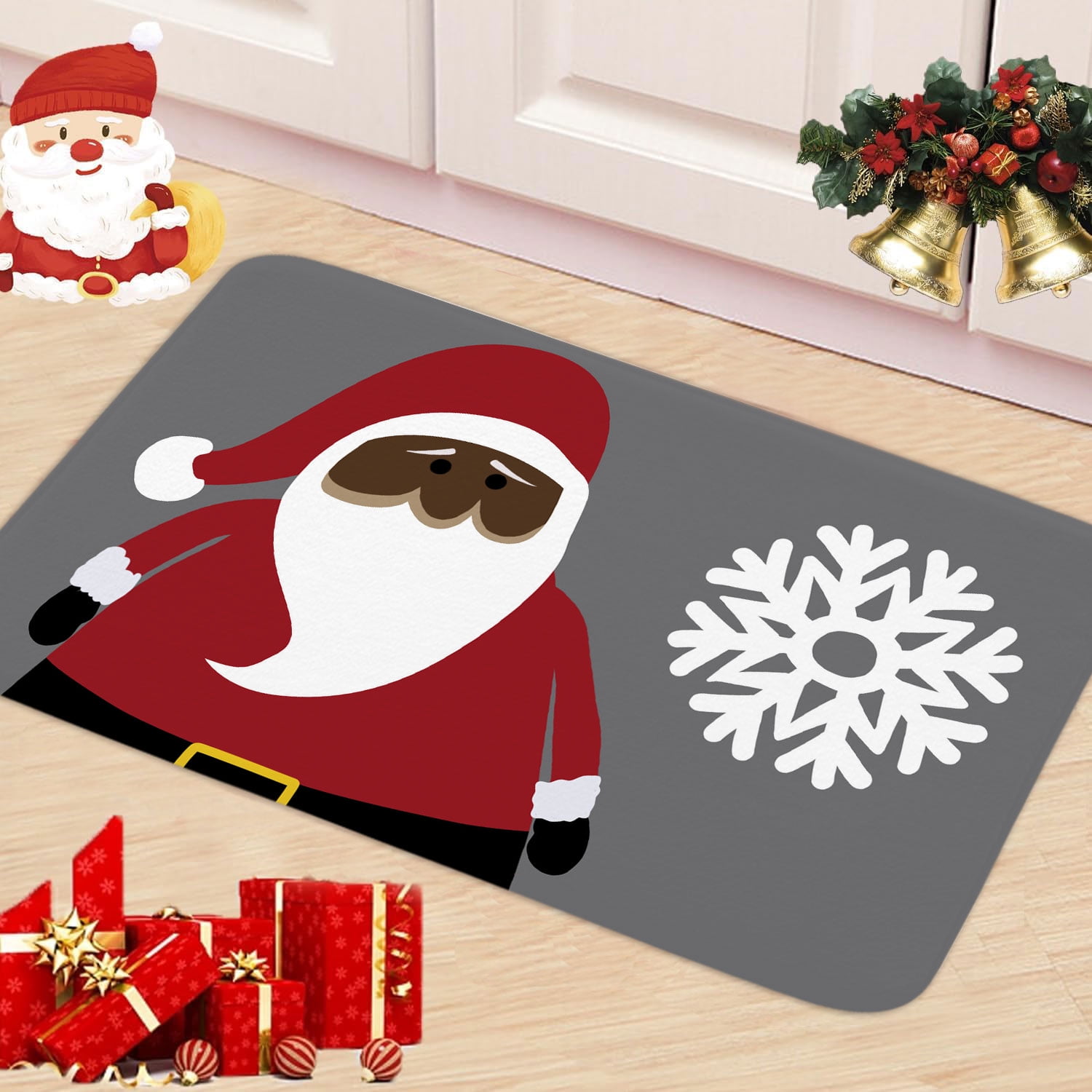Christmas Bathroom Rugs Mat, Xmas Santa Claus Bath Mat with Non-Slip Backing, Winter New Year Holiday Floor Mat Decor for Indoor Outdoor Living Room Bathtub 19X31IN Grey