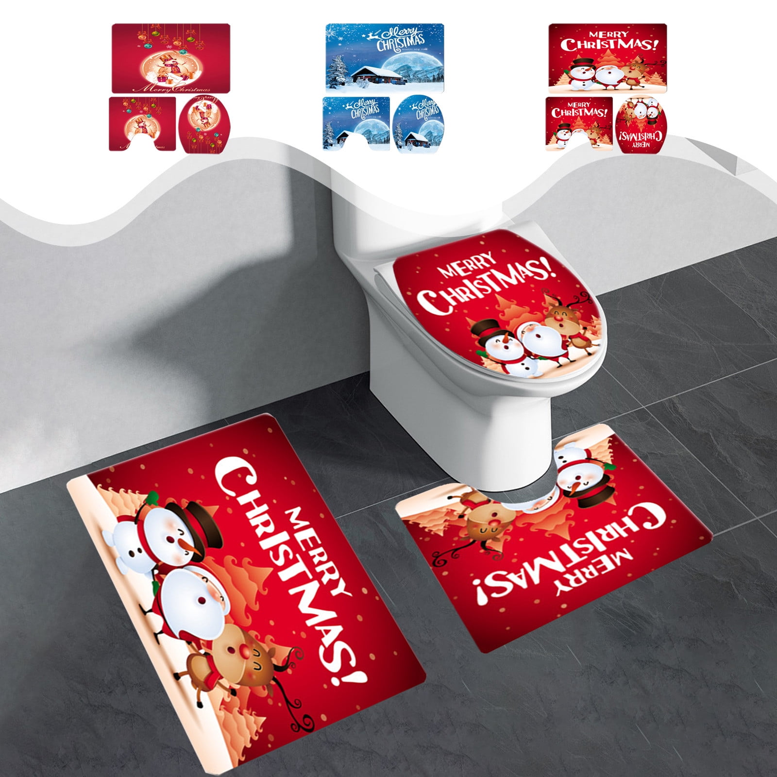 Christmas Bathroom Rugs and Mats Sets 3 Piece, Santa Claus Bathroom Rugs Non Slip, Happy New Year Absorbent Microfiber Memory Foam Bath Mat Machine Washable Bathroom Floor Mats