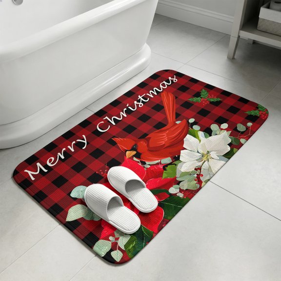 Christmas Bathroom Rugs Non Slip Washable Bath Mat Absorbent Low Pile Front Door Mat Red Plaid Xmas Birds Berry Botanical Indoor Doormat for Kitchen Entryway Shower Decor Accessories 15.7"x23.6"