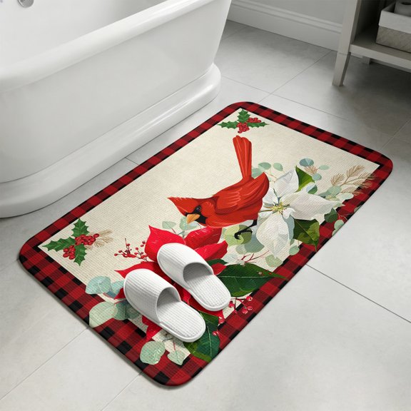 Christmas Bathroom Rugs Non Slip Washable Bath Mat Absorbent Low Pile Front Door Mat Xmas Birds Berry Botanical Plaid Indoor Doormat for Kitchen Entryway Shower Decor Accessories 19.7"x31.5"
