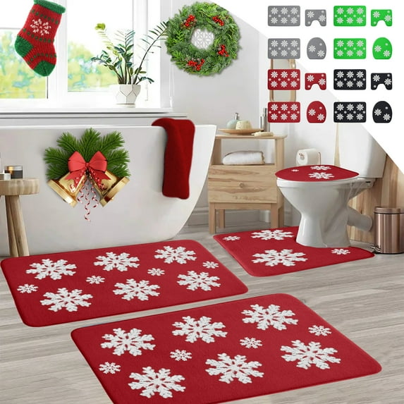 Christmas Bathroom Rugs Sets 4 Pcs with Toilet Cover, Snowflake Bath Mat for Bathroom, Bathroom Rugs Non Slip Washable Bathroom Mat with U-Shaped Toilet Mat for Toilets