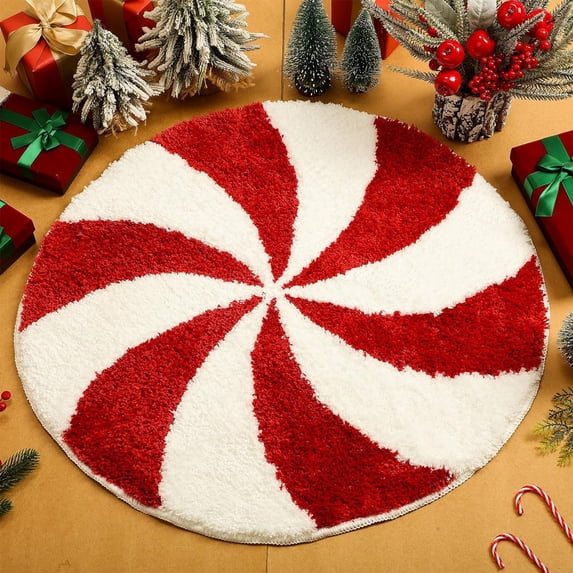 Christmas Bathroom Rugs Washable Round Bath Mats Winter Red White Candy Bath Mats Area Non Slip Absorbent Carpets Doormat with Backing for Tub Living Dining Holiday Bedroom Nursery