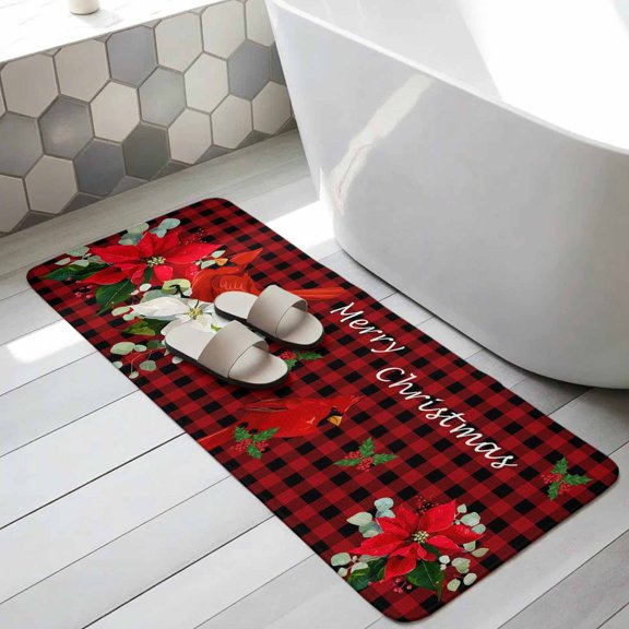 Christmas Bathroom Runner Rugs Non Slip Washable Absorbent Narrow Long Bath Mat Red Plaid Xmas Birds Berry Botanical Runner Rugs for Kitchen Hallway Bedroom Laundry Study Room 31.5"x63"