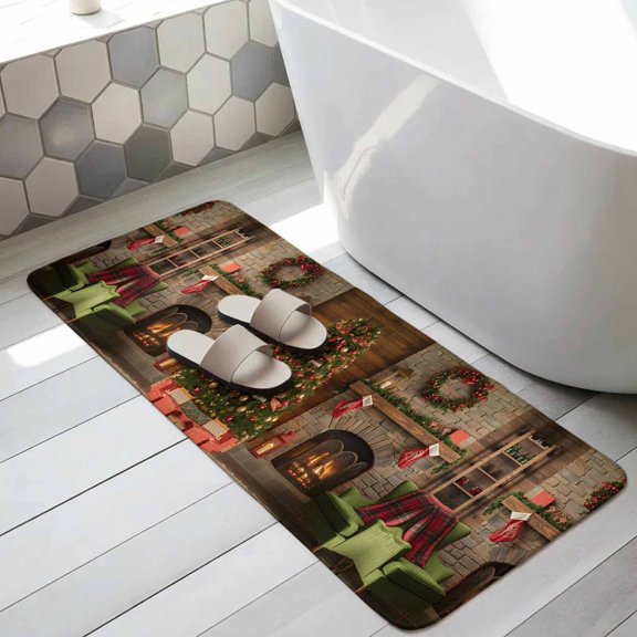 Christmas Bathroom Runner Rugs Non Slip Washable Absorbent Narrow Long Bath Mat Winter Fireplace Wreath Modern Xmas Scenery Runner Rugs for Kitchen Hallway Bedroom Laundry Study Room 15.7"x47.2"