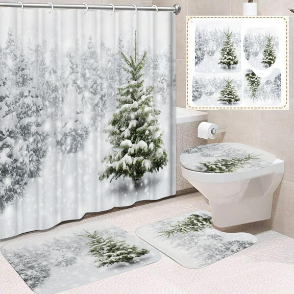 Christmas Bathroom Set 4 Piece – Santa Shower Curtain with Toilet Mat and 2 Non Slip Floor Mats Waterproof Holiday Bathroom Decor for Festive Home Christmas Theme