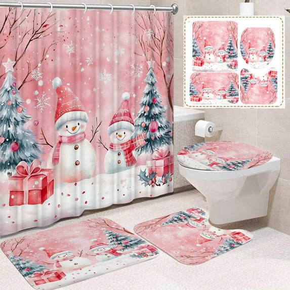 Christmas Bathroom Set 4-Piece Shower Curtain Mat Toilet Cover Decor - Waterproof Mildew Resistant Holiday Theme(B)