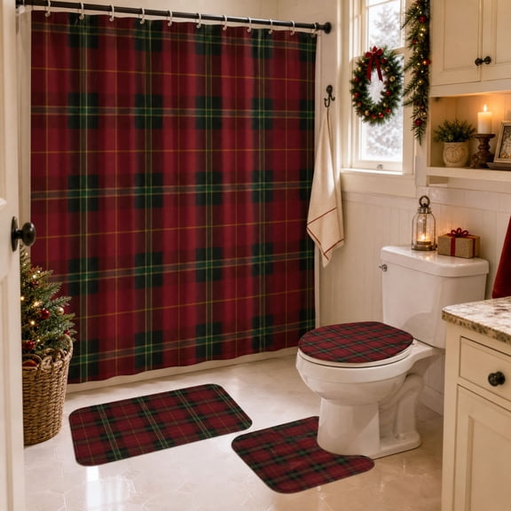 Christmas Bathroom Set, 4 Piece Shower Curtain and Coordinating Bath Mat Toilet Rug Set for Seasonal Bathroom Holiday Decor