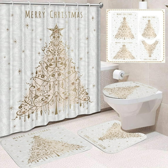 Christmas Bathroom Set with Shower Curtain – 4 Piece Holiday Decor with Santa Print, Waterproof Curtain, Floor Mat, Toilet Rug & Lid Cover – Multicolor Non-Slip Bathroom Accessories