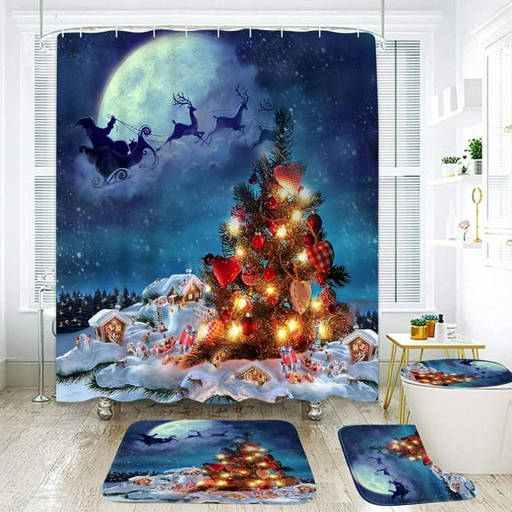 Christmas Bathroom Set with Shower Curtain Set and Rugs Accessories, Christmas Tree Red Pine Bells Shower Curtain for Bathroom, Winter Bathroom Decor 4 Pcs