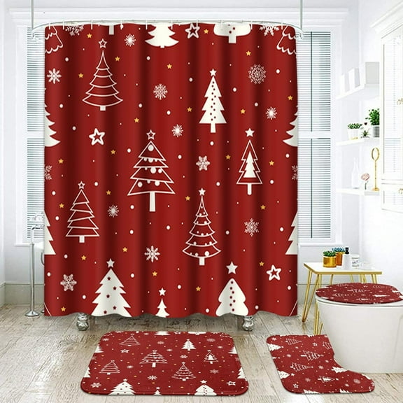 Christmas Bathroom Set with Shower Curtain Sets and Rugs Accessories, Christmas Tree Red Pine Bells Shower Curtain for Bathroom, Winter Bathroom Decor 4 Pcs