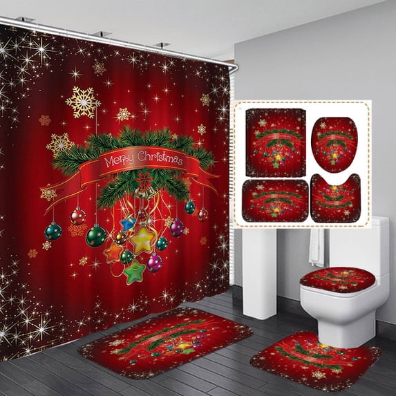 Christmas Bathroom Sets Decorations, Christmas Bathroom Sets Decor Merry Christmas Theme Shower Curtain and Bath Mat Set with Non-Slip Rug Toilet Lid Cover