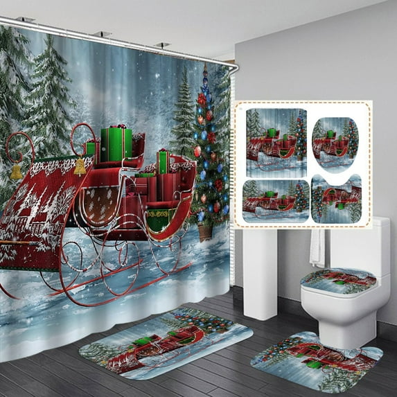 Christmas Bathroom Sets Decorations, Christmas Bathroom Sets Decor Merry Christmas Theme Shower Curtain and Bath Mat Set with Non-Slip Rug Toilet Lid Cover